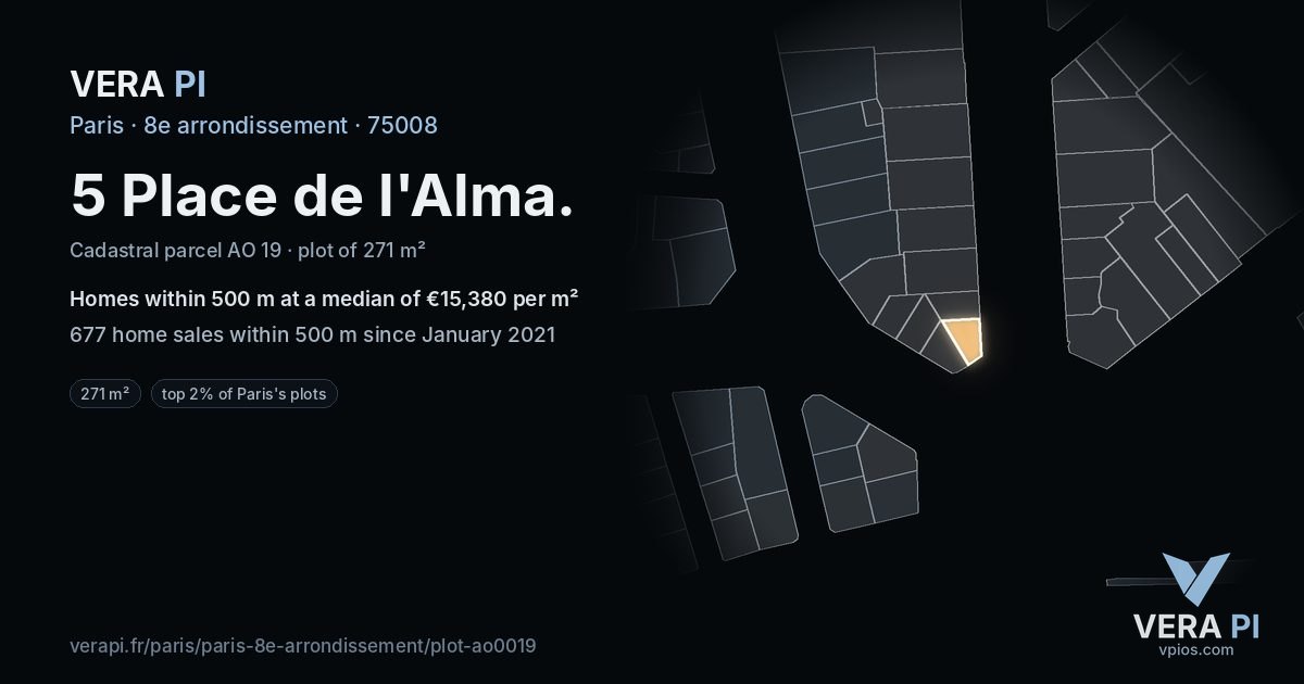 5 Place de l'Alma, 8e arrondissement at night – the plot lit, the parcels around coloured by the prices near them