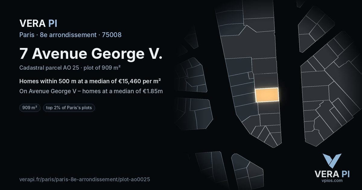 7 Avenue George V, 8e arrondissement at night – the plot lit, the parcels around coloured by the prices near them