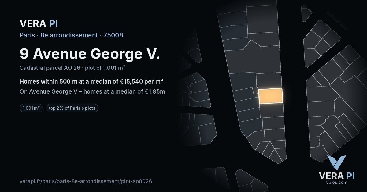9 Avenue George V, 8e arrondissement at night – the plot lit, the parcels around coloured by the prices near them