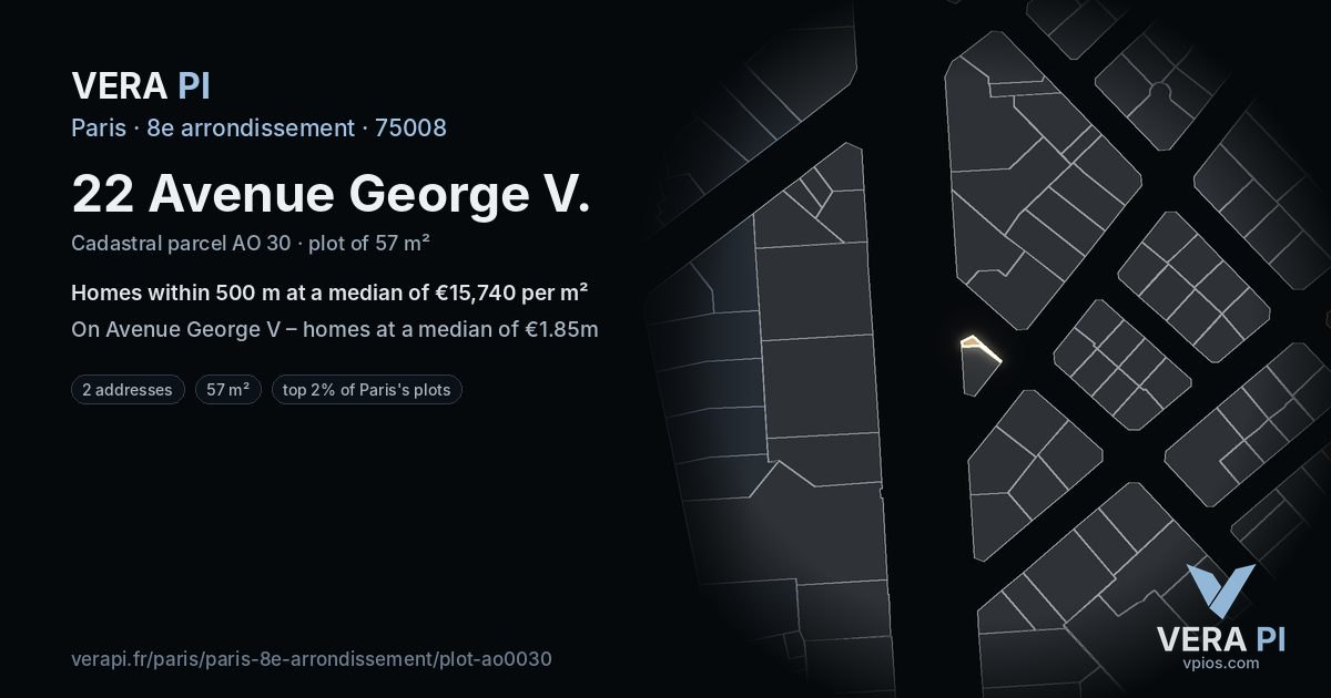 22 Avenue George V, 8e arrondissement at night – the plot lit, the parcels around coloured by the prices near them