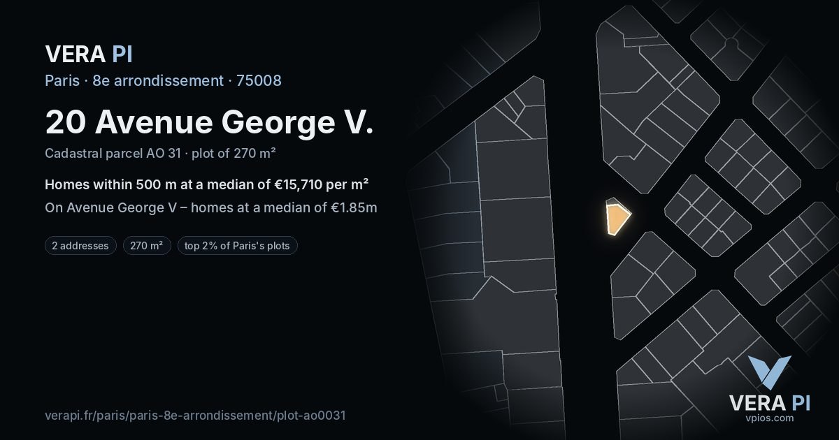 20 Avenue George V, 8e arrondissement at night – the plot lit, the parcels around coloured by the prices near them