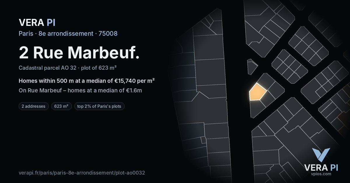 2 Rue Marbeuf, 8e arrondissement at night – the plot lit, the parcels around coloured by the prices near them