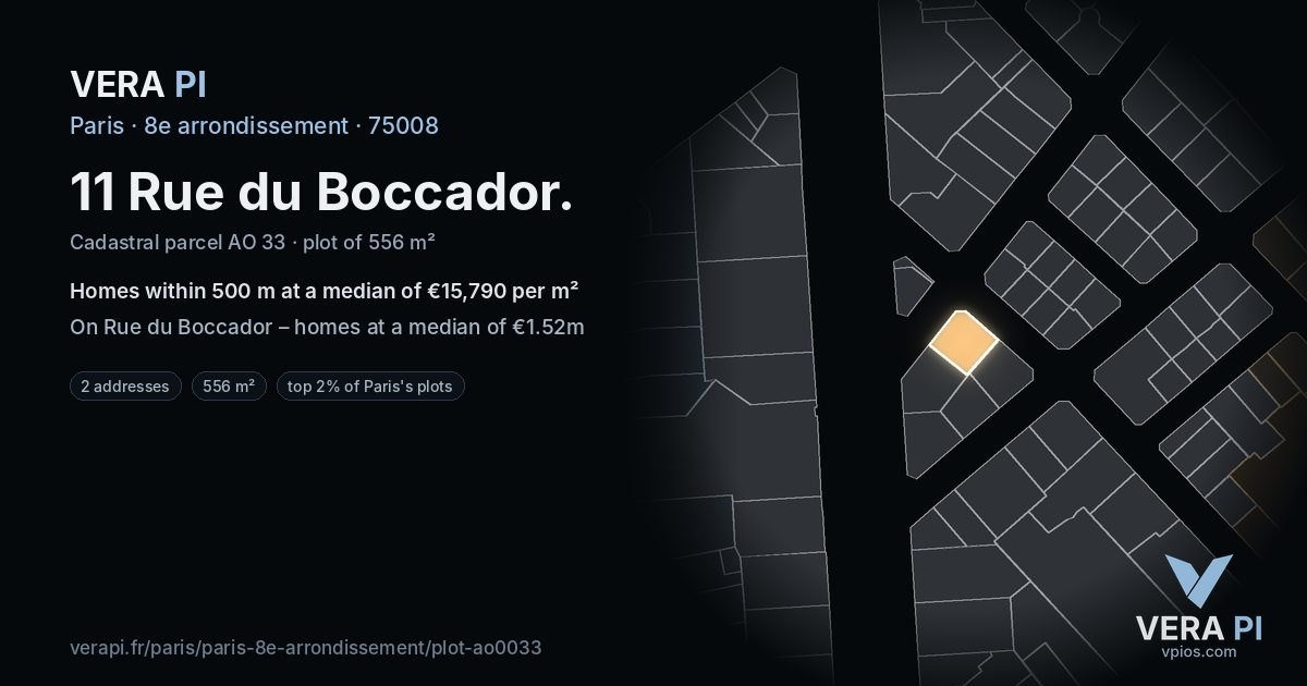 11 Rue du Boccador, 8e arrondissement at night – the plot lit, the parcels around coloured by the prices near them
