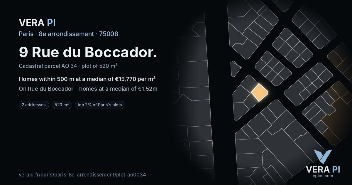 9 Rue du Boccador, 8e arrondissement at night – the plot lit, the parcels around coloured by the prices near them