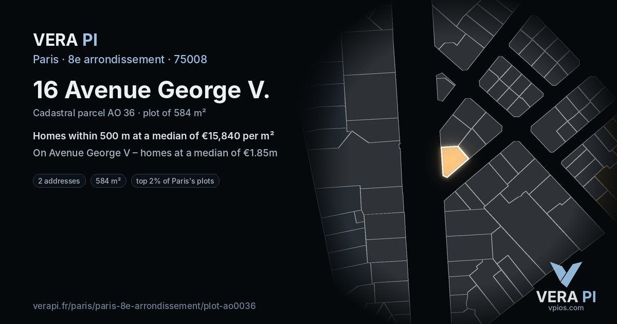 16 Avenue George V, 8e arrondissement at night – the plot lit, the parcels around coloured by the prices near them