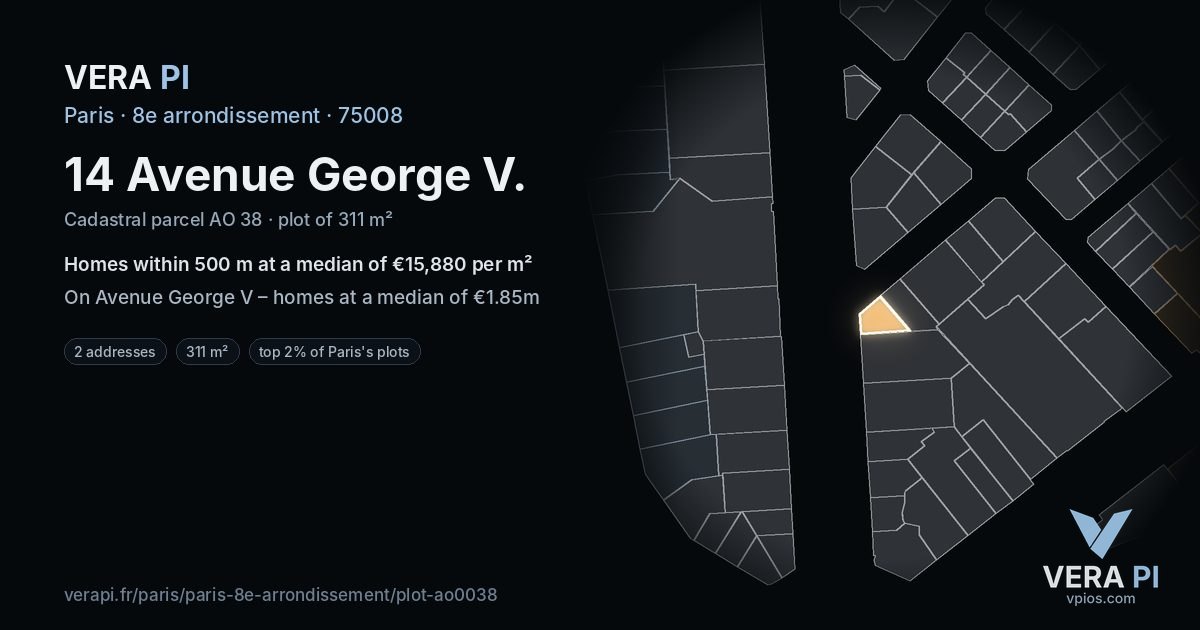 14 Avenue George V, 8e arrondissement at night – the plot lit, the parcels around coloured by the prices near them