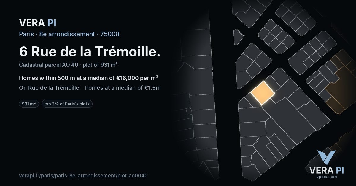 6 Rue de la Trémoille, 8e arrondissement at night – the plot lit, the parcels around coloured by the prices near them