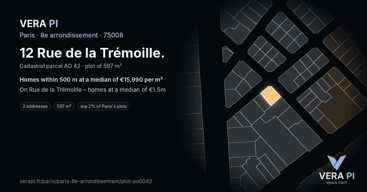 12 Rue de la Trémoille, 8e arrondissement at night – the plot lit, the parcels around coloured by the prices near them