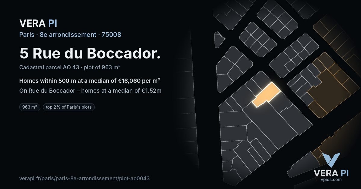 5 Rue du Boccador, 8e arrondissement at night – the plot lit, the parcels around coloured by the prices near them