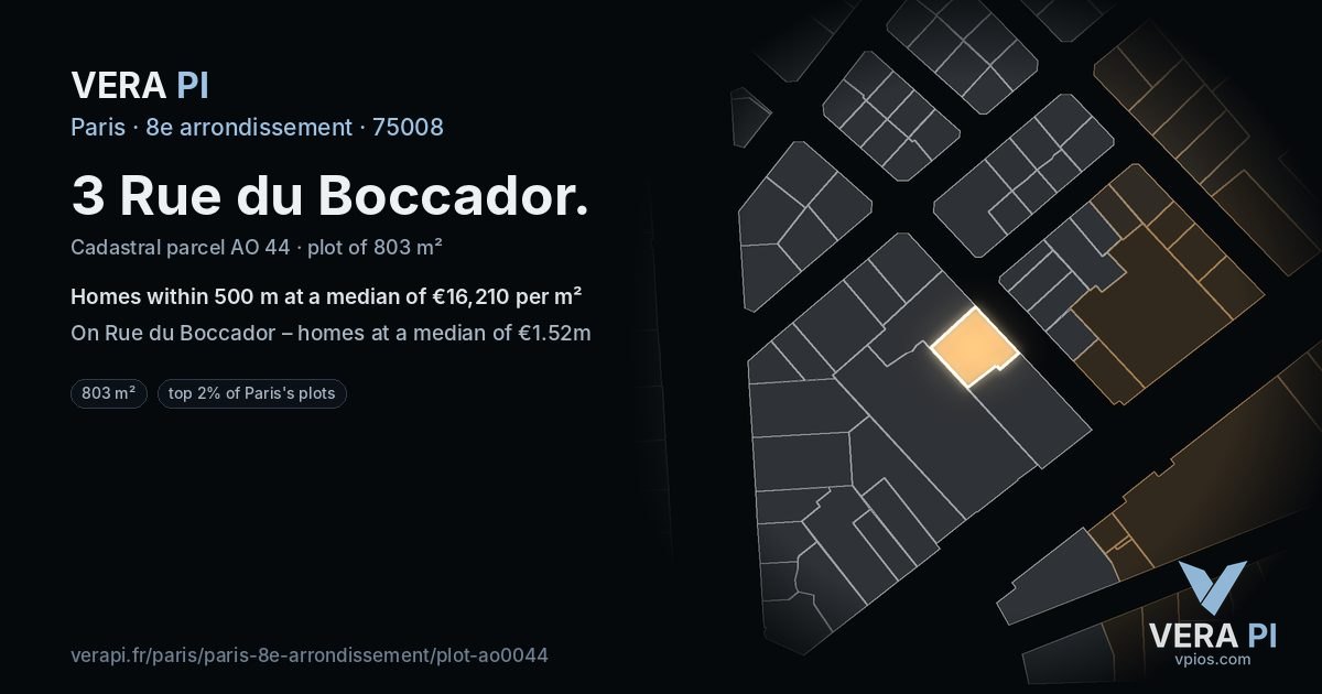 3 Rue du Boccador, 8e arrondissement at night – the plot lit, the parcels around coloured by the prices near them