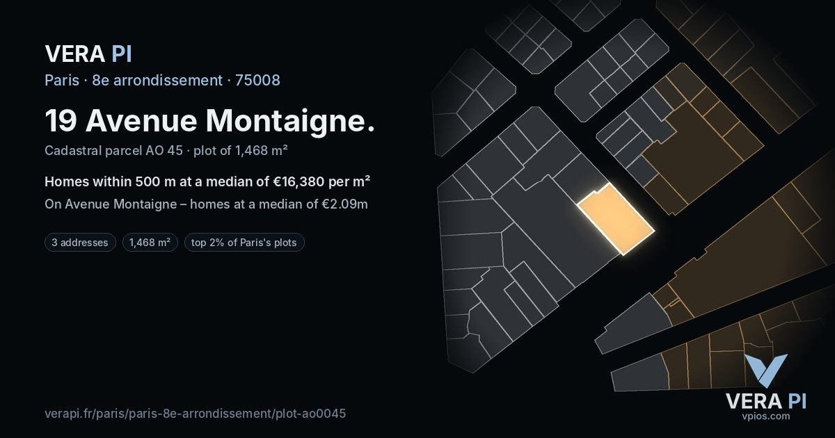 19 Avenue Montaigne, 8e arrondissement at night – the plot lit, the parcels around coloured by the prices near them