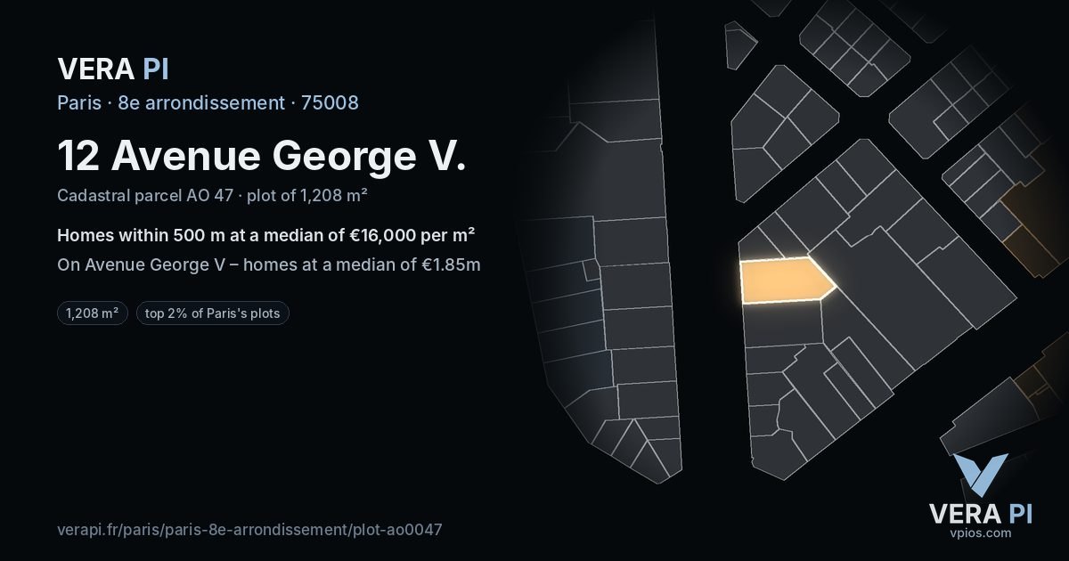 12 Avenue George V, 8e arrondissement at night – the plot lit, the parcels around coloured by the prices near them
