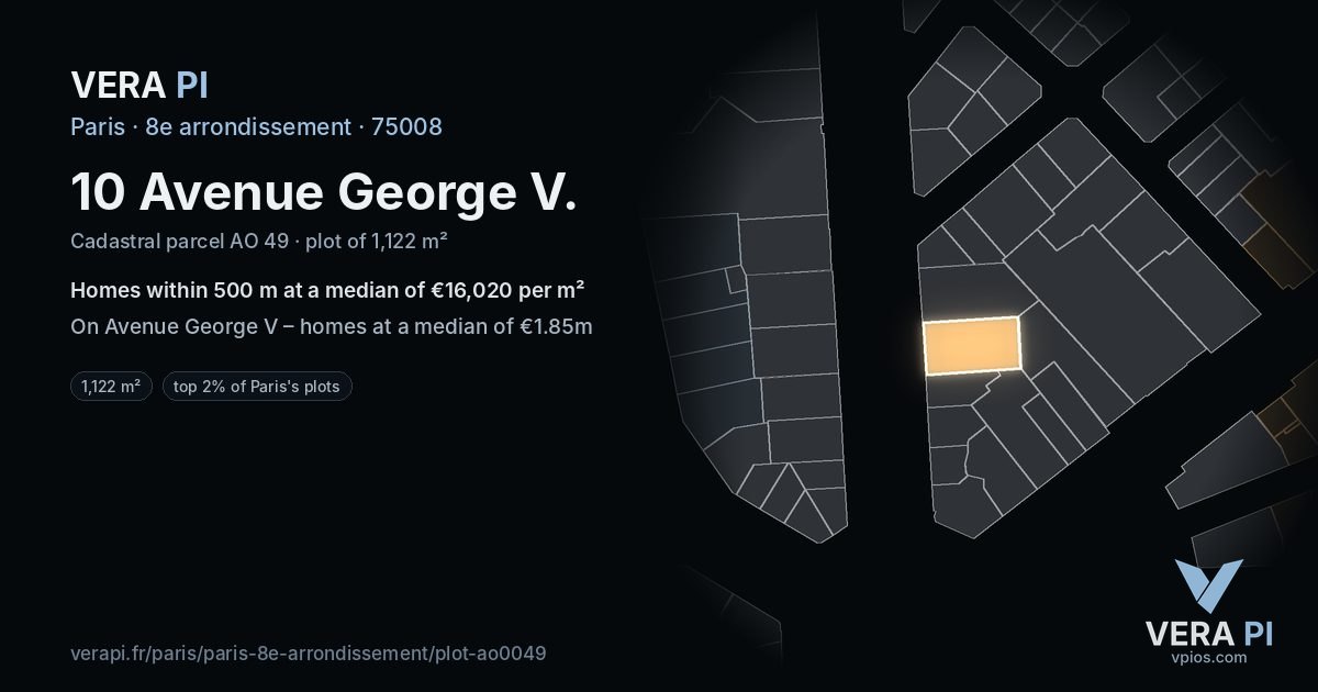 10 Avenue George V, 8e arrondissement at night – the plot lit, the parcels around coloured by the prices near them