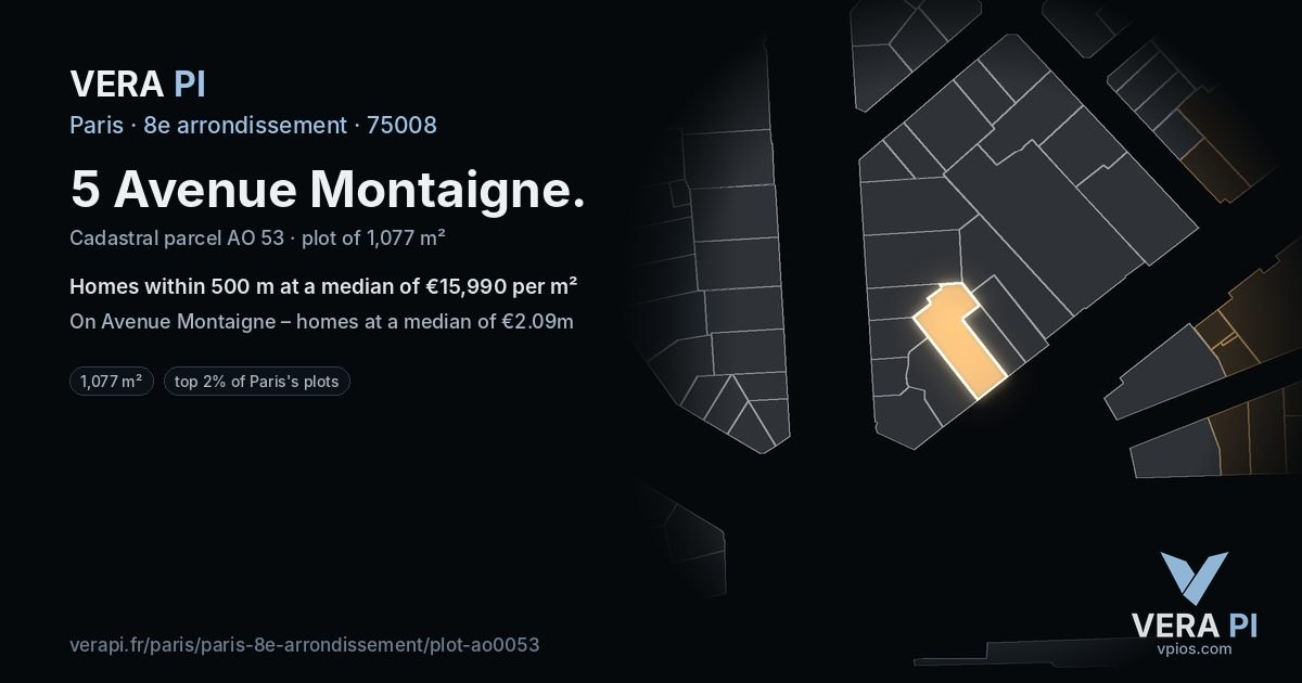 5 Avenue Montaigne, 8e arrondissement at night – the plot lit, the parcels around coloured by the prices near them