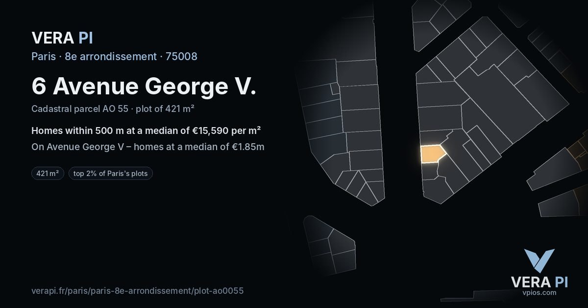 6 Avenue George V, 8e arrondissement at night – the plot lit, the parcels around coloured by the prices near them