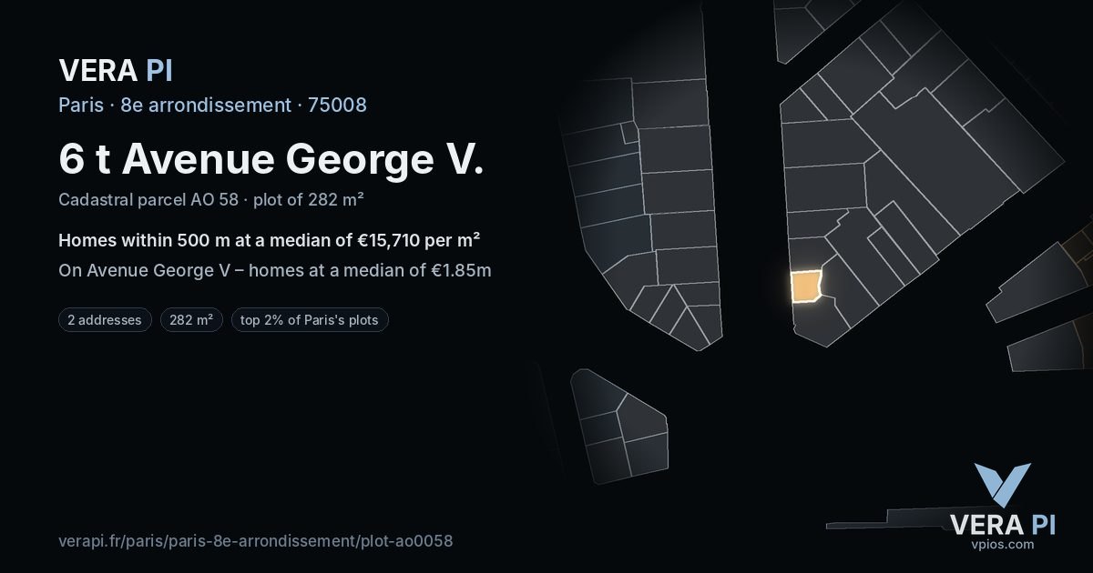 6 t Avenue George V, 8e arrondissement at night – the plot lit, the parcels around coloured by the prices near them