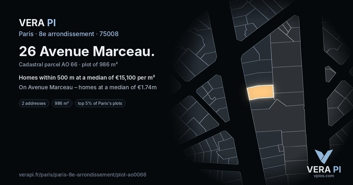 26 Avenue Marceau, 8e arrondissement at night – the plot lit, the parcels around coloured by the prices near them