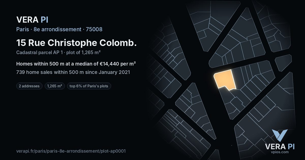 15 Rue Christophe Colomb, 8e arrondissement at night – the plot lit, the parcels around coloured by the prices near them