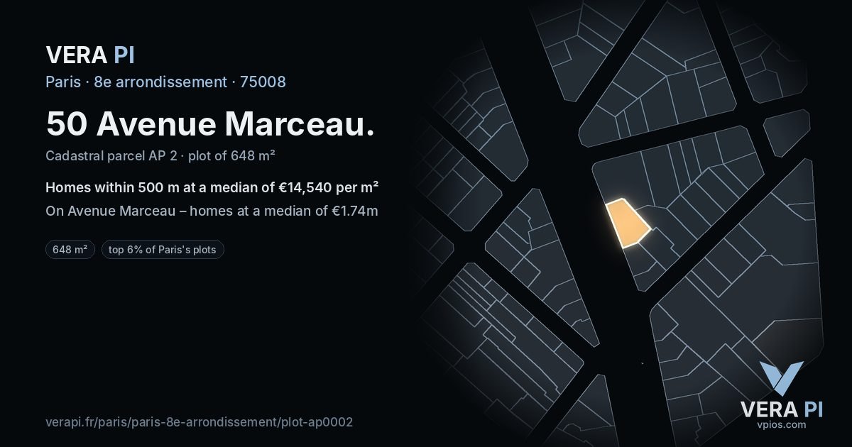 50 Avenue Marceau, 8e arrondissement at night – the plot lit, the parcels around coloured by the prices near them