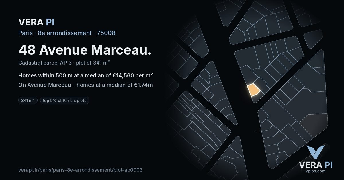 48 Avenue Marceau, 8e arrondissement at night – the plot lit, the parcels around coloured by the prices near them
