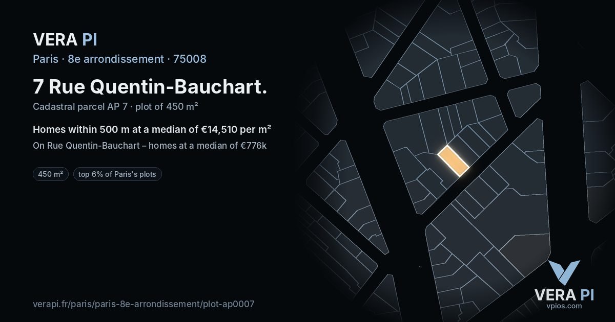 7 Rue Quentin-Bauchart, 8e arrondissement at night – the plot lit, the parcels around coloured by the prices near them