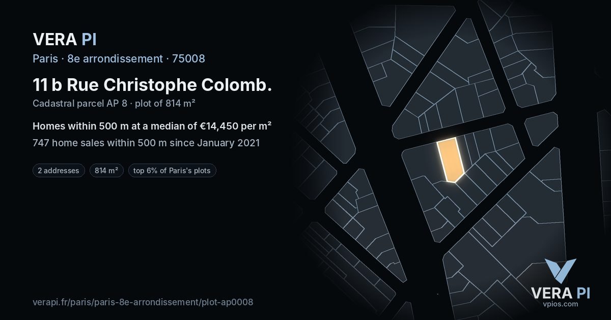 11 b Rue Christophe Colomb, 8e arrondissement at night – the plot lit, the parcels around coloured by the prices near them