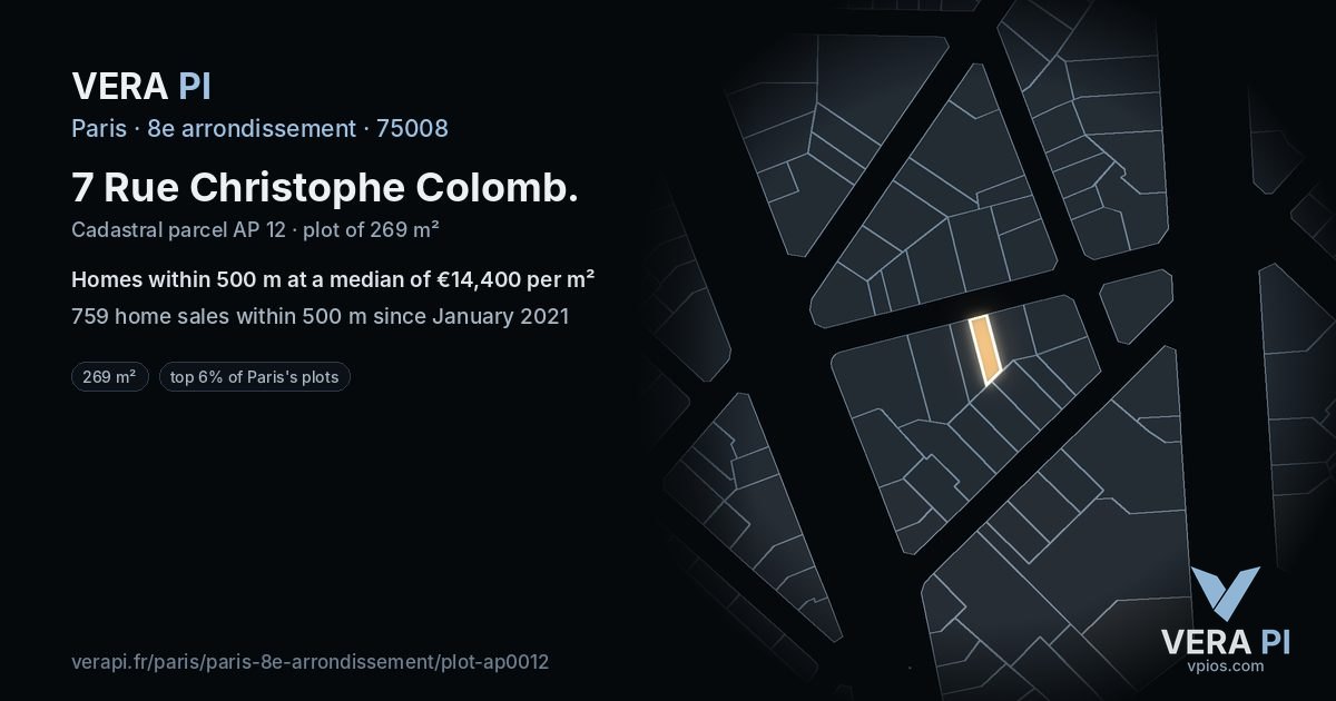 7 Rue Christophe Colomb, 8e arrondissement at night – the plot lit, the parcels around coloured by the prices near them