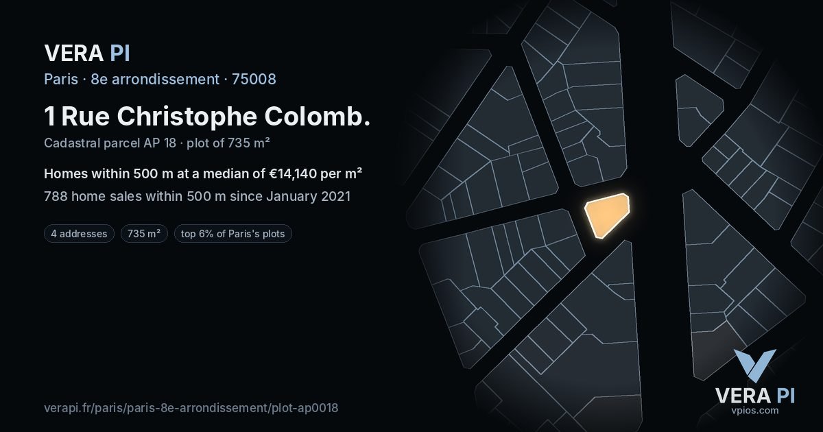 1 Rue Christophe Colomb, 8e arrondissement at night – the plot lit, the parcels around coloured by the prices near them