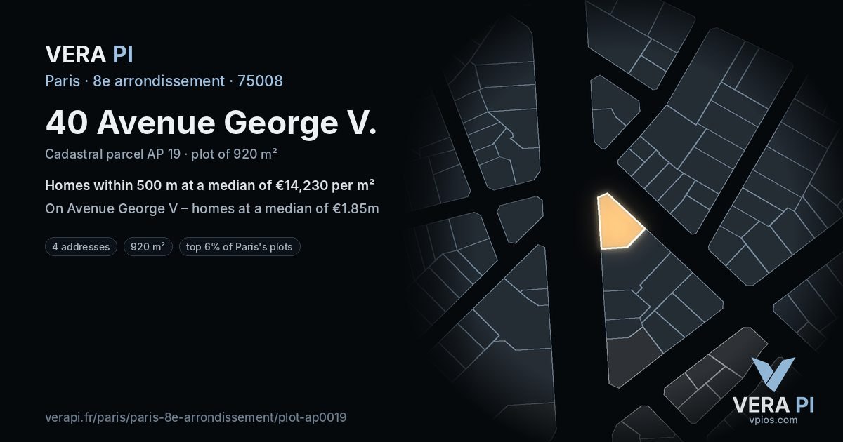 40 Avenue George V, 8e arrondissement at night – the plot lit, the parcels around coloured by the prices near them