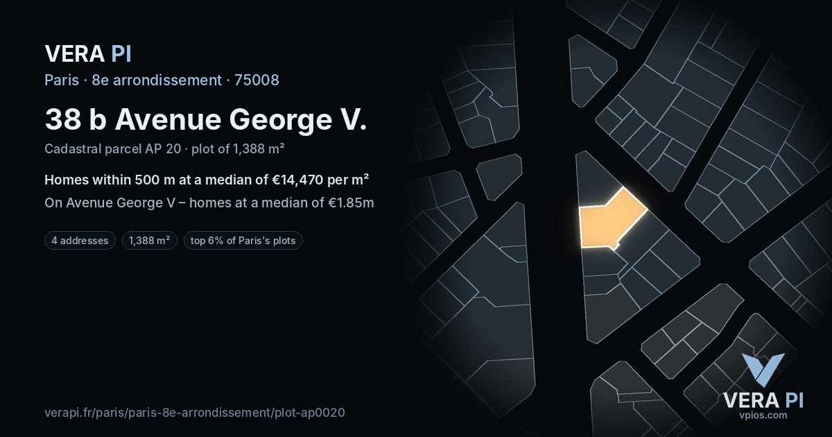38 b Avenue George V, 8e arrondissement at night – the plot lit, the parcels around coloured by the prices near them