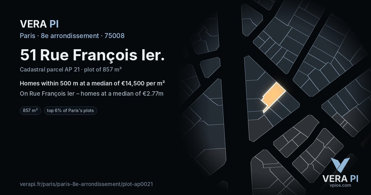 51 Rue François Ier, 8e arrondissement at night – the plot lit, the parcels around coloured by the prices near them