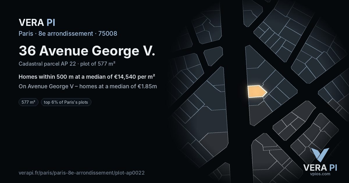 36 Avenue George V, 8e arrondissement at night – the plot lit, the parcels around coloured by the prices near them