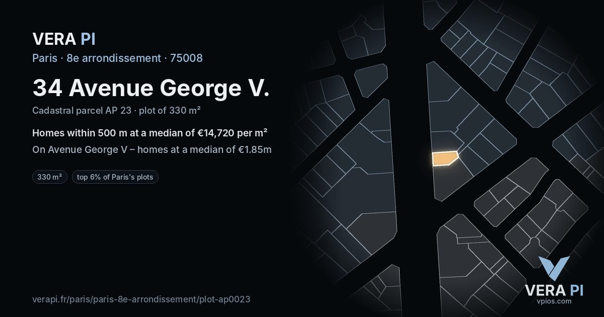 34 Avenue George V, 8e arrondissement at night – the plot lit, the parcels around coloured by the prices near them