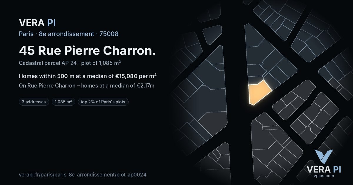 45 Rue Pierre Charron, 8e arrondissement at night – the plot lit, the parcels around coloured by the prices near them