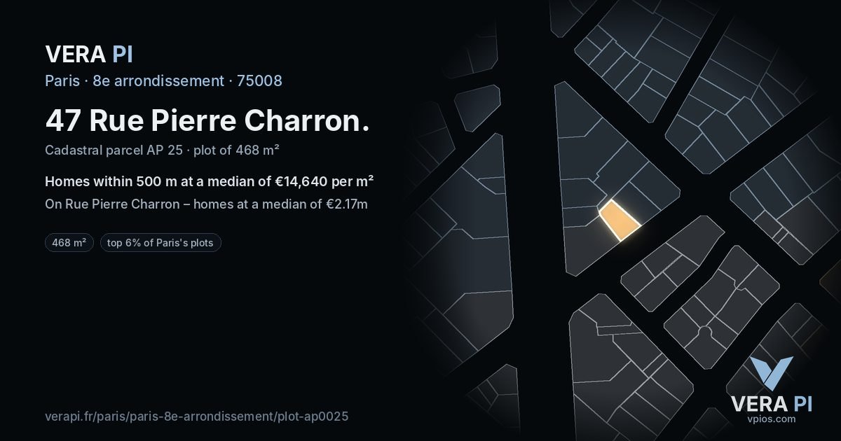 47 Rue Pierre Charron, 8e arrondissement at night – the plot lit, the parcels around coloured by the prices near them