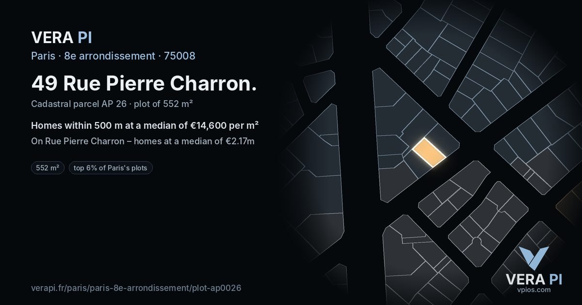 49 Rue Pierre Charron, 8e arrondissement at night – the plot lit, the parcels around coloured by the prices near them