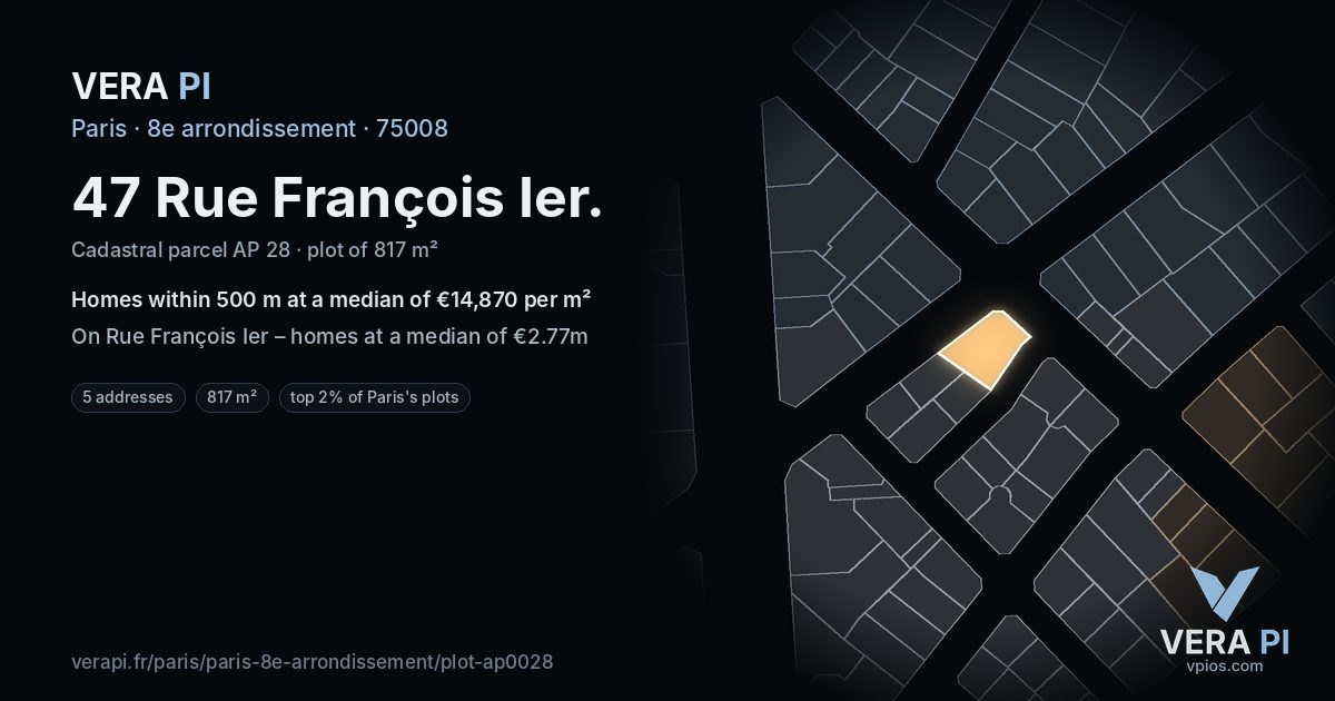 47 Rue François Ier, 8e arrondissement at night – the plot lit, the parcels around coloured by the prices near them