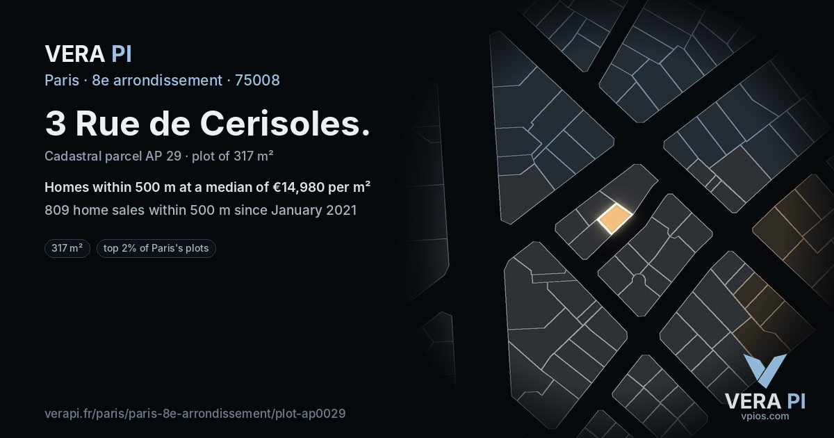 3 Rue de Cerisoles, 8e arrondissement at night – the plot lit, the parcels around coloured by the prices near them