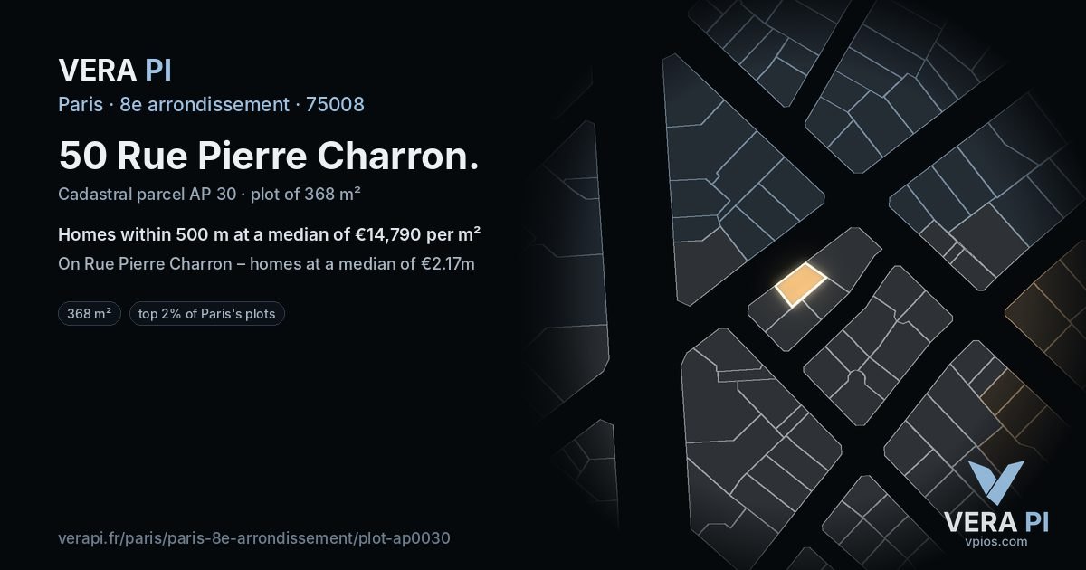 50 Rue Pierre Charron, 8e arrondissement at night – the plot lit, the parcels around coloured by the prices near them