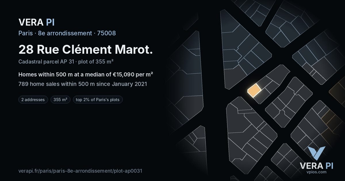 28 Rue Clément Marot, 8e arrondissement at night – the plot lit, the parcels around coloured by the prices near them
