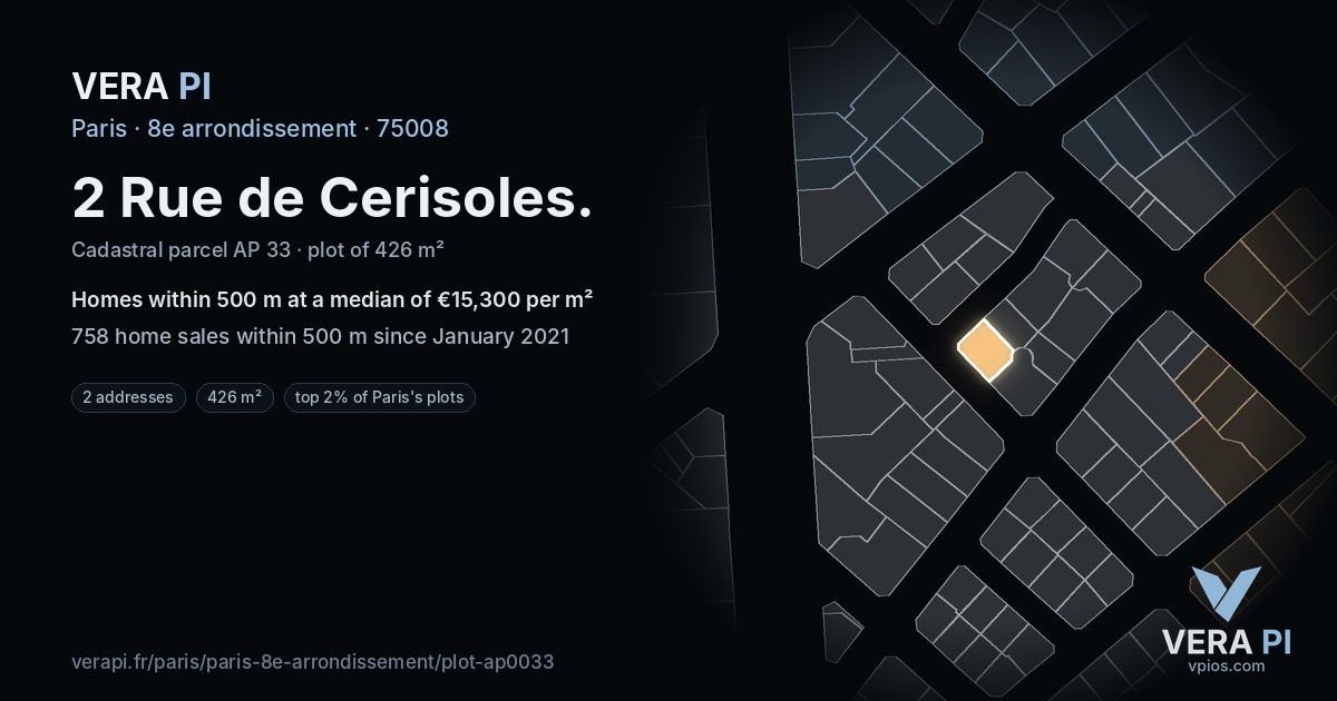 2 Rue de Cerisoles, 8e arrondissement at night – the plot lit, the parcels around coloured by the prices near them