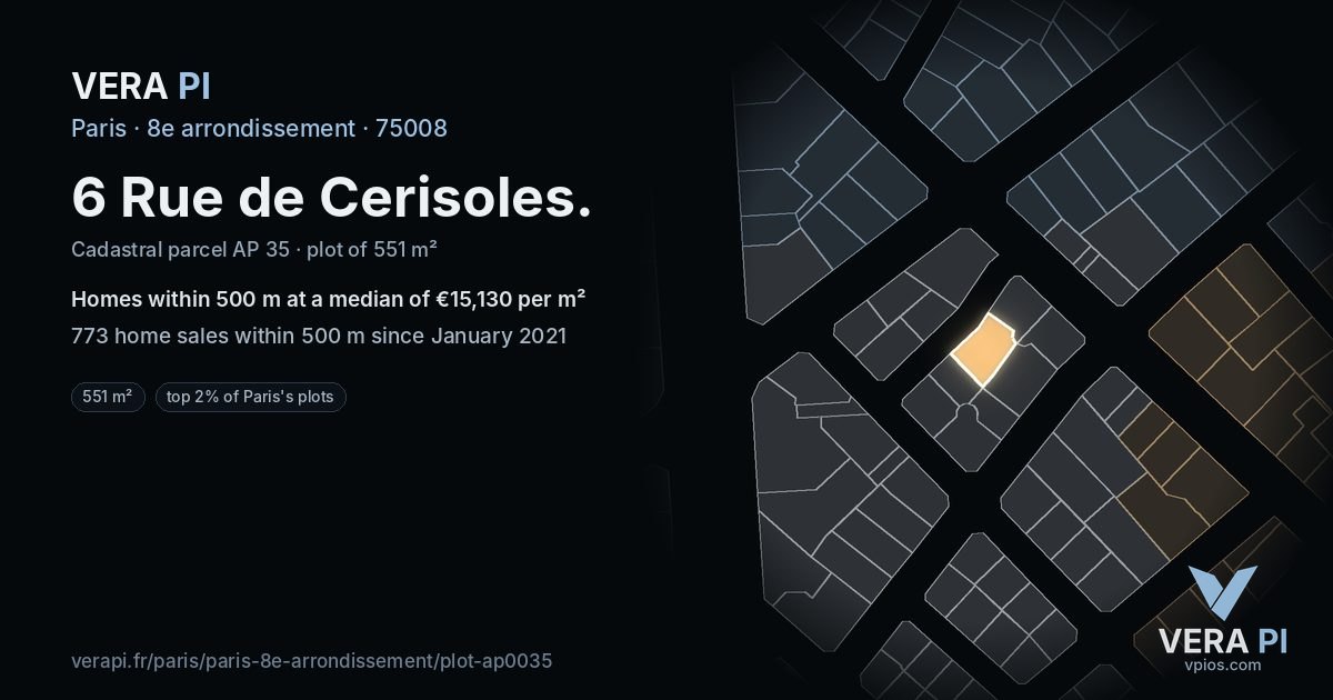 6 Rue de Cerisoles, 8e arrondissement at night – the plot lit, the parcels around coloured by the prices near them