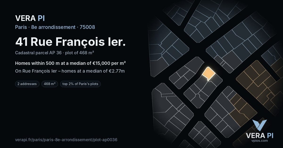 41 Rue François Ier, 8e arrondissement at night – the plot lit, the parcels around coloured by the prices near them