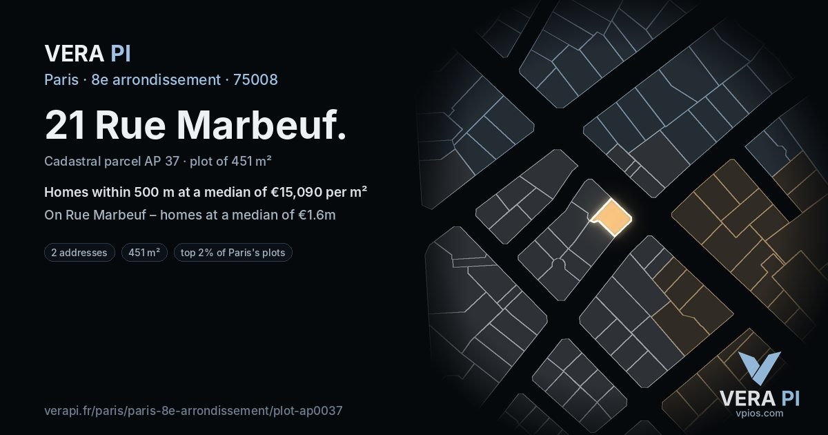 21 Rue Marbeuf, 8e arrondissement at night – the plot lit, the parcels around coloured by the prices near them