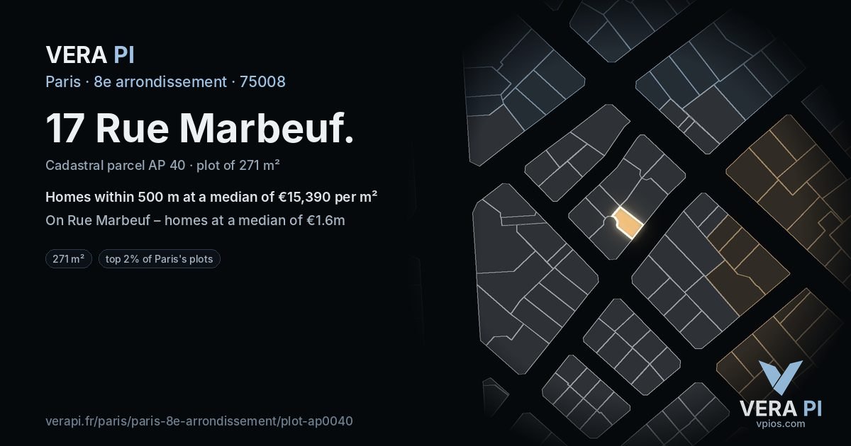 17 Rue Marbeuf, 8e arrondissement at night – the plot lit, the parcels around coloured by the prices near them