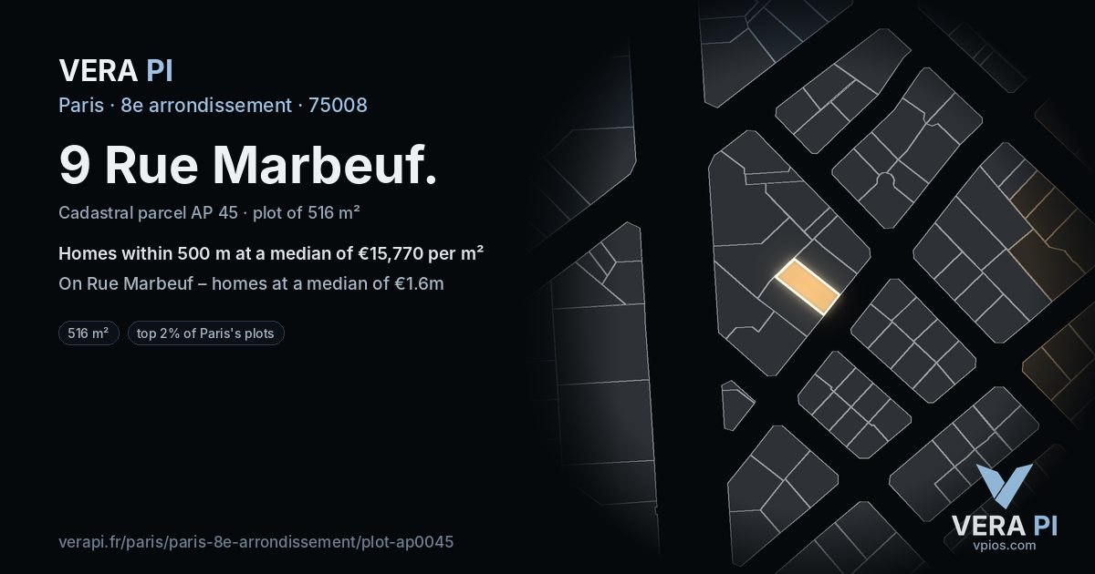 9 Rue Marbeuf, 8e arrondissement at night – the plot lit, the parcels around coloured by the prices near them