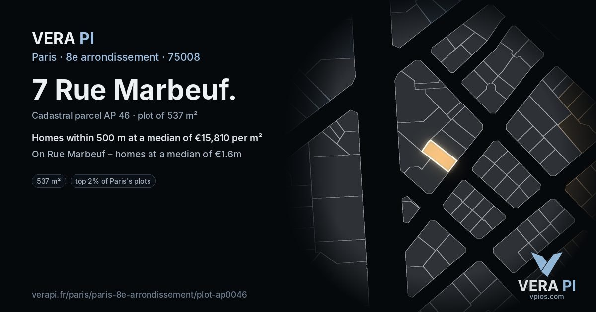 7 Rue Marbeuf, 8e arrondissement at night – the plot lit, the parcels around coloured by the prices near them