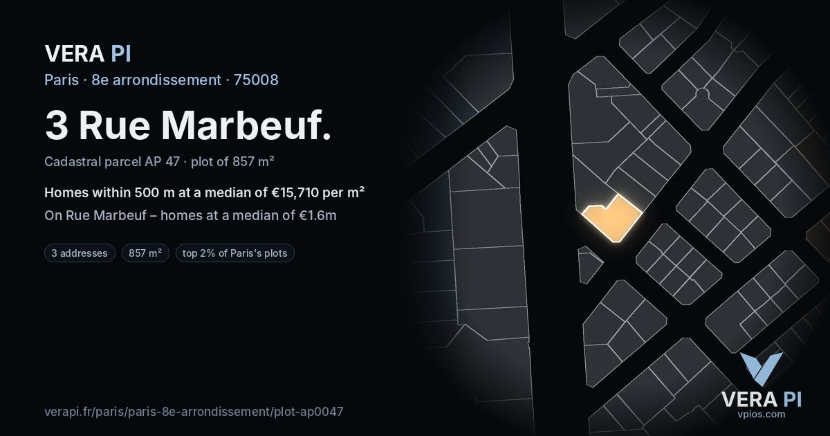 3 Rue Marbeuf, 8e arrondissement at night – the plot lit, the parcels around coloured by the prices near them