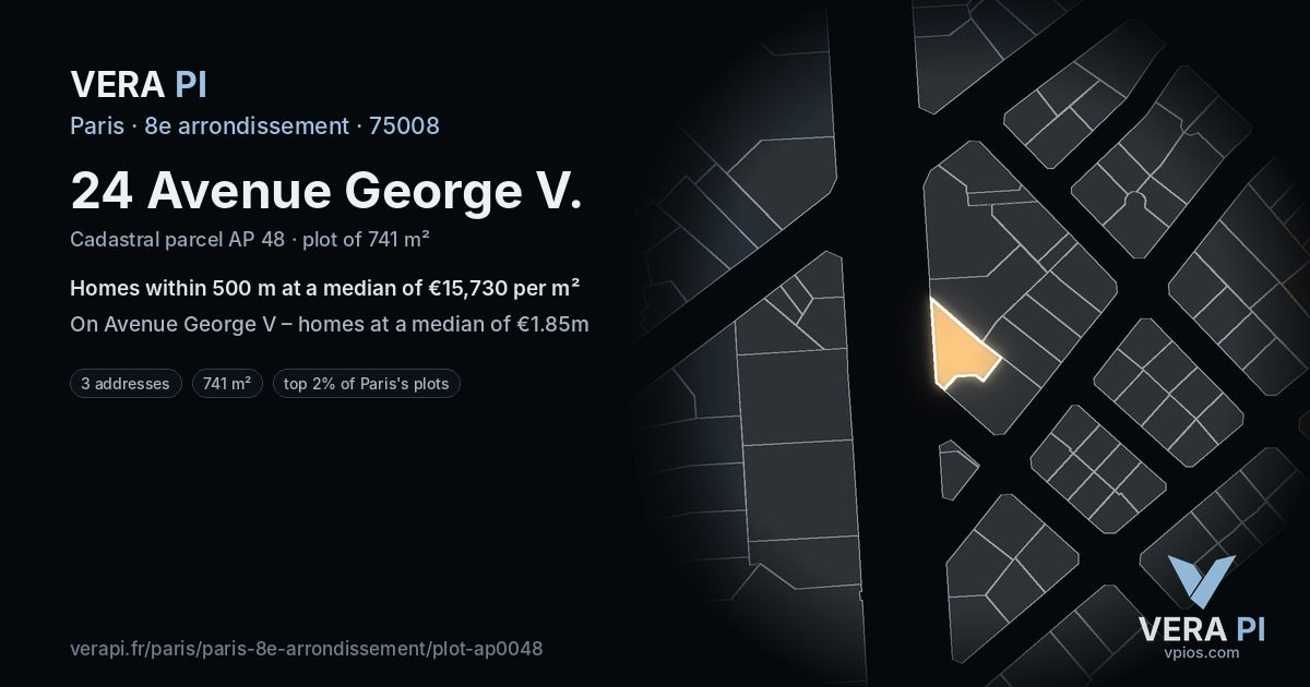 24 Avenue George V, 8e arrondissement at night – the plot lit, the parcels around coloured by the prices near them