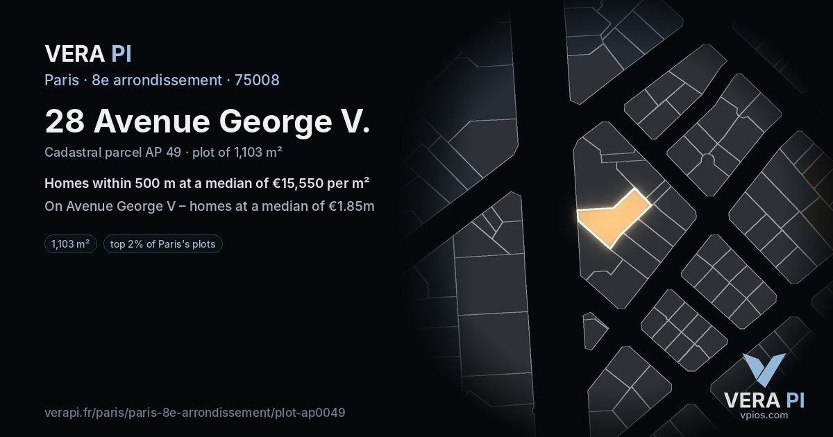 28 Avenue George V, 8e arrondissement at night – the plot lit, the parcels around coloured by the prices near them
